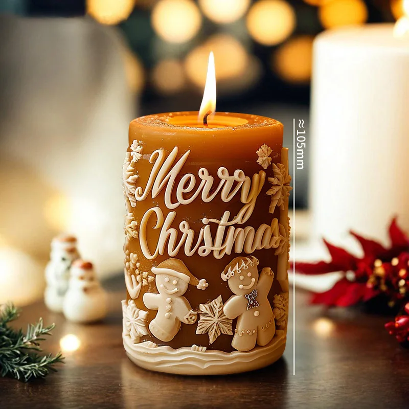 Snowman Snowflakes Pattern Cylinderical Candle Silicone Mold Merry Christmas Phrases Pillar Candle Plaster Mould X-mas Gifts