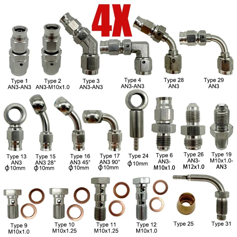 

4X Stainless Steel AN3 Motorcycle Motor Bike Hydraulic Brake Oil Hose Line Banjo Fitting 3AN 10MM 0/28/45/90° Brake Line Adapter