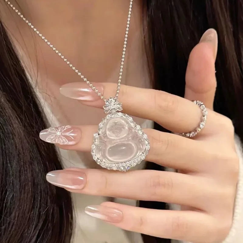 

Natural High Ice Jade Marrow Buddha Pendant Silver Plated with New Chinese Maitreya Buddha Jade Necklace Gift Jewelry Gift