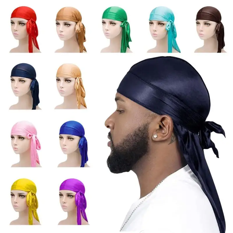 [T] Unisex Silky Long Tail Durag Pirate Hat Turban Fashion Headwraps Cap Bandana Women Men Headwear Caps Hijab Hair Accessories view 6