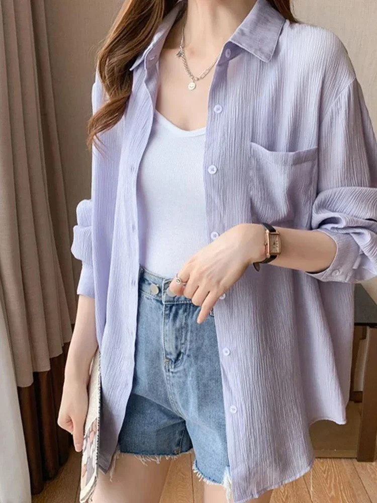 Korean Fashion Wrinkle Women Sun Proof Shirt Elegant Ice Silk Long Sleeve White Blouse Loose All Match Lazy Wind Tops New