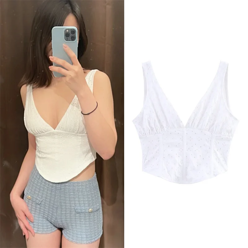 

Women's Blouse Summer 2025 New Cut-out Embroidery Skinny Sleeveless Vest Sexy Open Back Tie Trim Stylish Sexy Casual personality