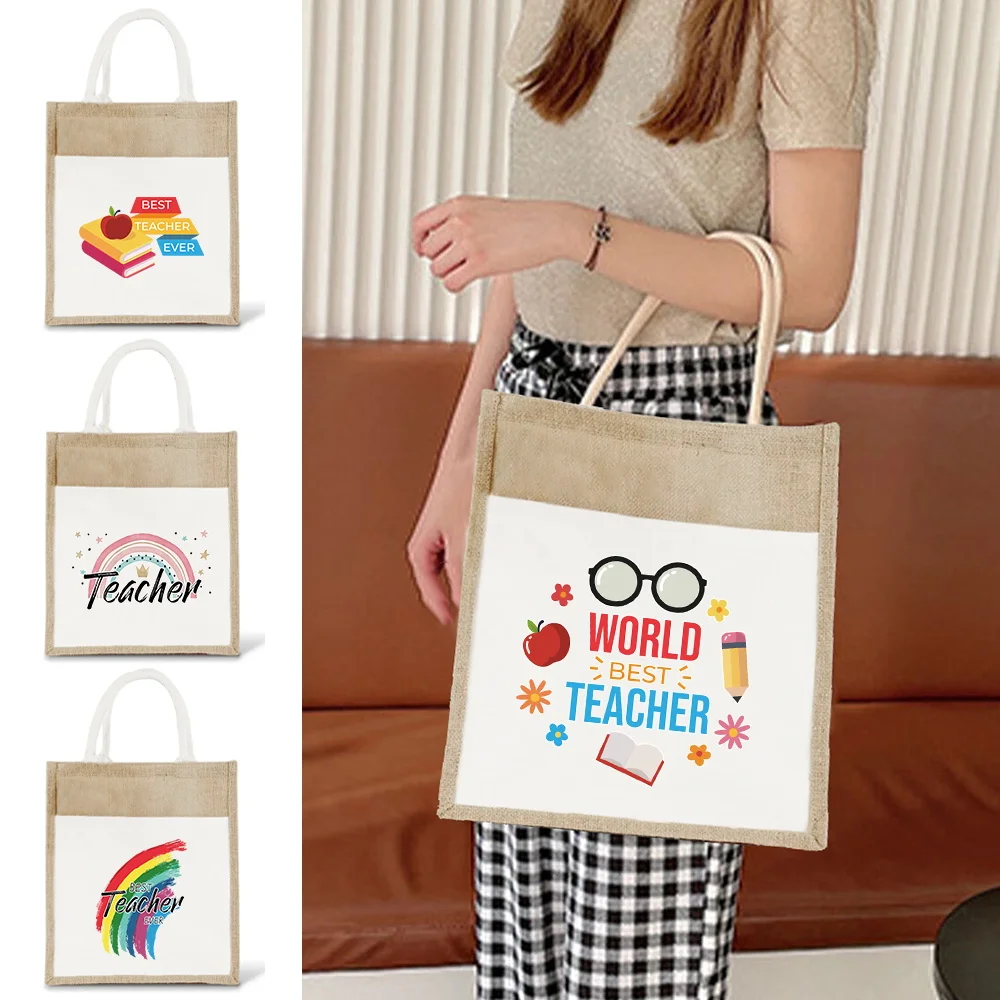 

Tote Bag Environmental Jute Shopping Bag Portable Large Capacity Beach Bag Lightweight Grocery Storage BagsTeacher Series