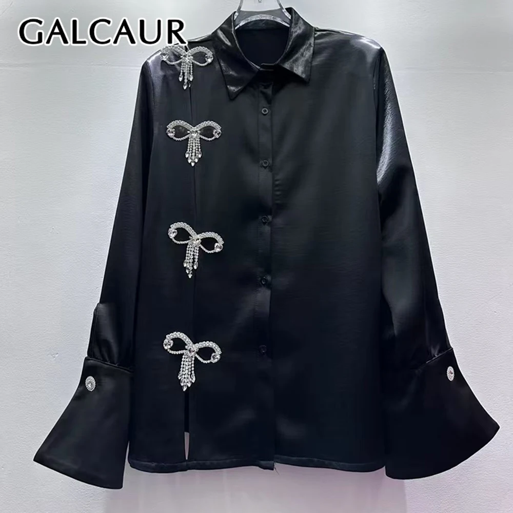 

GALCAUR однотонная рубашка с бантом и бриллиантами, женская рубашка с лацканами и длинным рукавом, свободные элегантные базовые женские рубашки, осенний новый стиль, мода