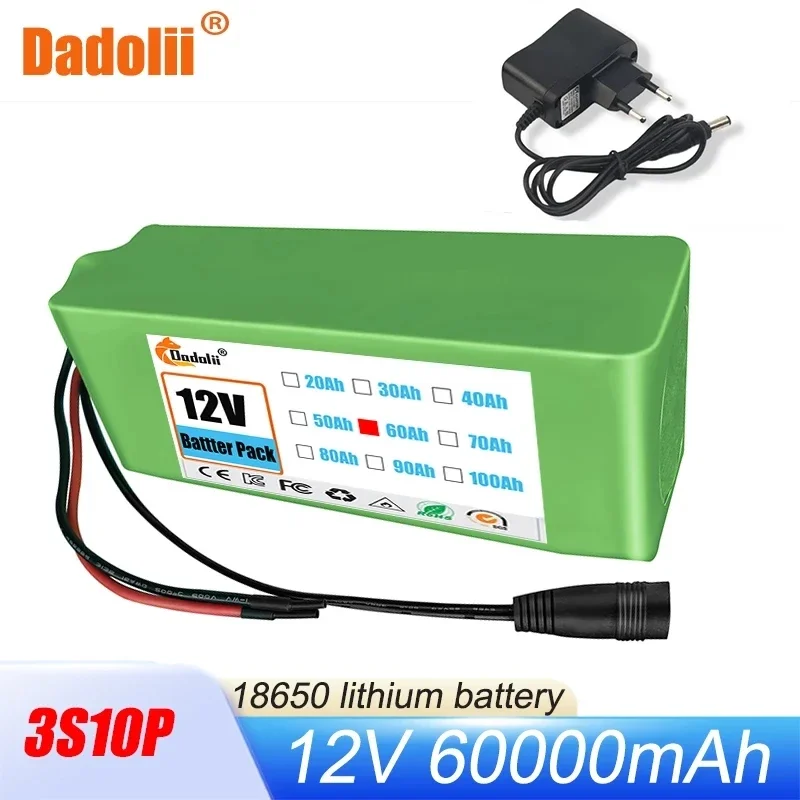 

12V 60Ah Battery Pack 3S10P 18650 Lithium Ion Rechargeable Battery for Camera Electric Toy LED Lighting Batteries with Charger