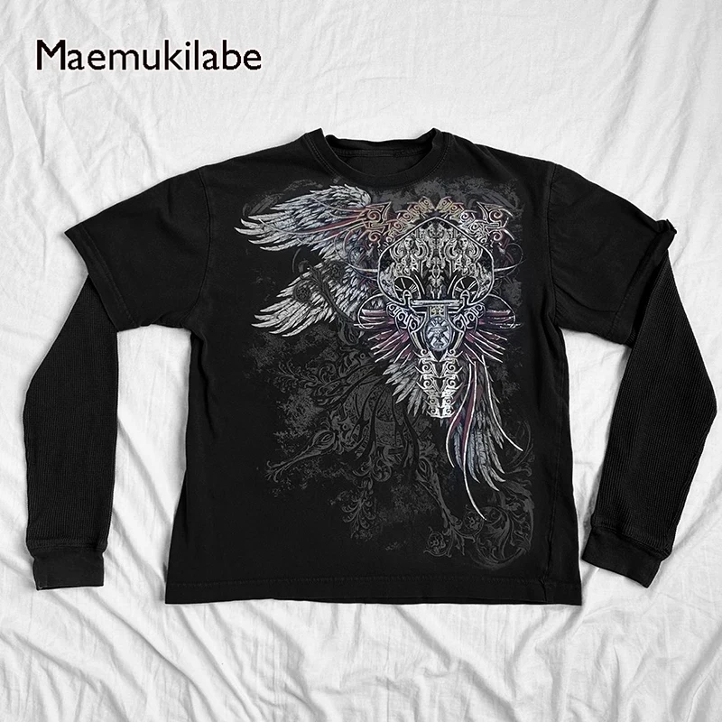 

Maemukilabe E-girl Coss Wings Print T-shirt Skull Graphic Long Sleeve Tees Cyber Grunge Y2K 00s Vintage Baggy Top Gothic Clothes