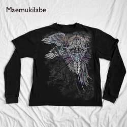 Maemukilabe E-girl Coss Wings Print T-shirt Skull Graphic Long Sleeve Tees Cyber Grunge Y2K 00s Vintage Baggy Top Gothic Clothes