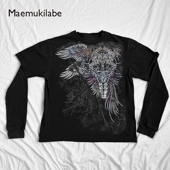 Maemukilabe E-girl Coss Wings Stampa T-shirt Teschio Grafica Manica lunga Tees Cyber Grunge Y2K 00s Vintage Baggy Top Abiti gotici