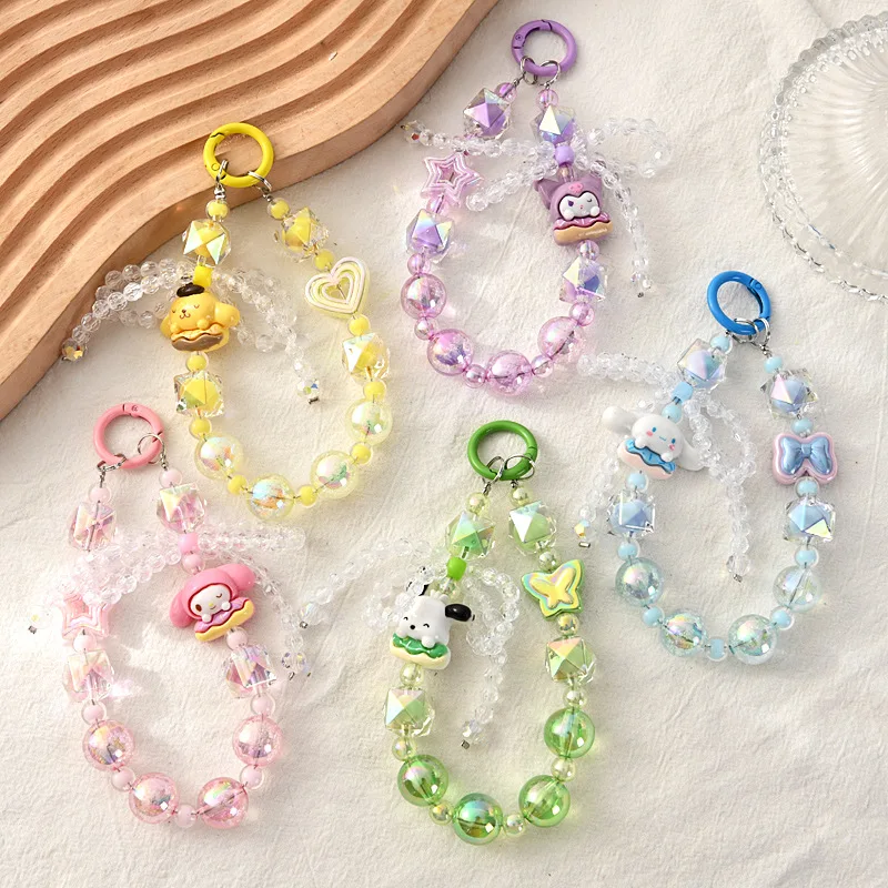 Kawaii Sanrio Mobile Phone Pendant Kuromi My Melody Anti-lost Lanyard Key Wrist Rope Cute Jewelry Anime Women's Bracelet Gift