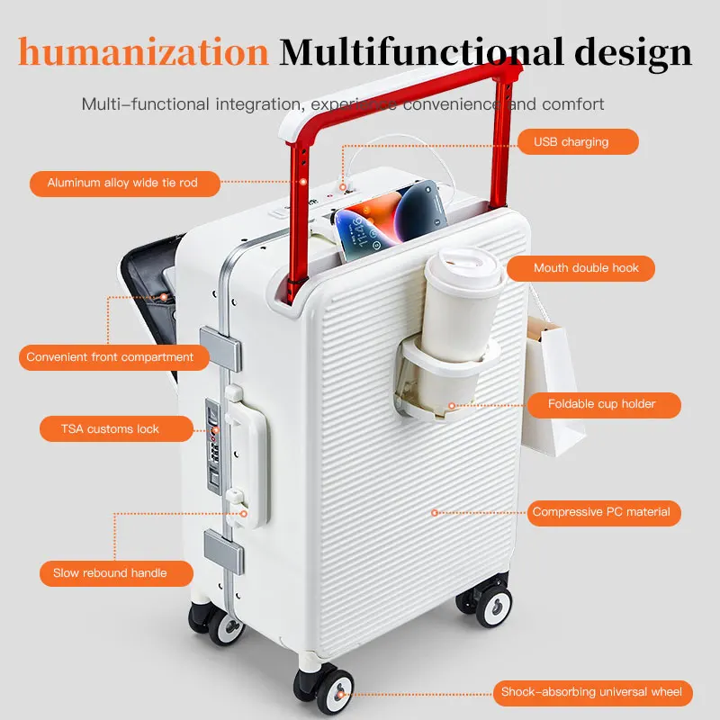 أمتعة مقاس 24 بوصة بإطار من الألومنيوم وقضيب سحب عريض وفتحة أمامية، بالإضافة إلى حقيبة سفر عالية القيمة مقاس 20 بوصة (سحب r)