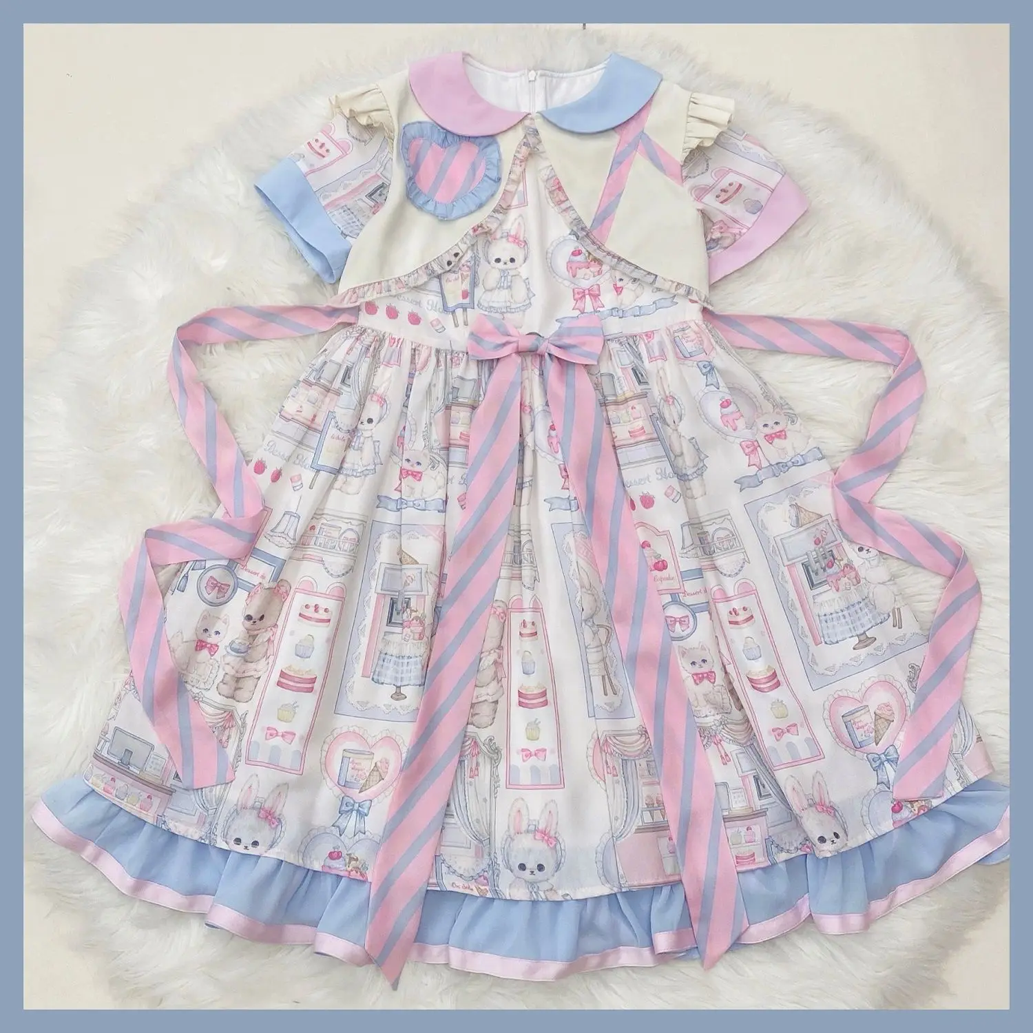 Kawaii Princess Sweet Lolita Ruffles Dress Cartoon Lolita OP Bow Cute Vintage Girly Sweetheart Princess Printing Loli Dress
