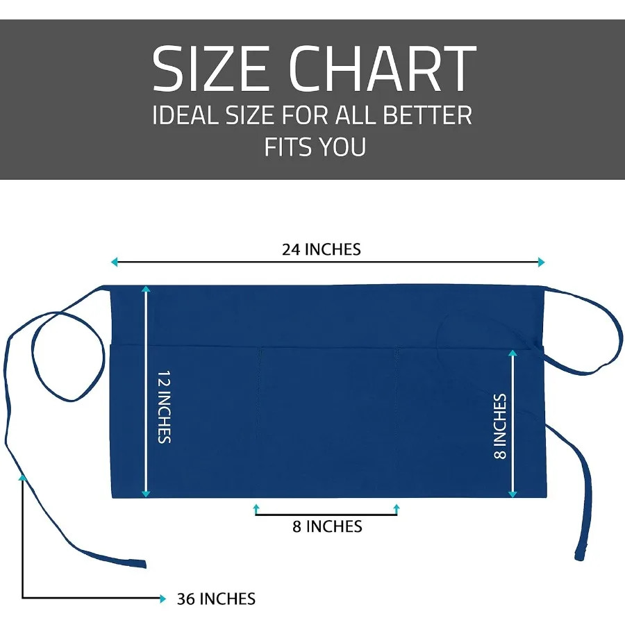 Grembiule da server da 4 pezzi con grembiule in vita a 3 tasche per cameriere cameriera Grembiule lungo in tessuto di cotone resistente da 12 pollici Ideale per il ristorante