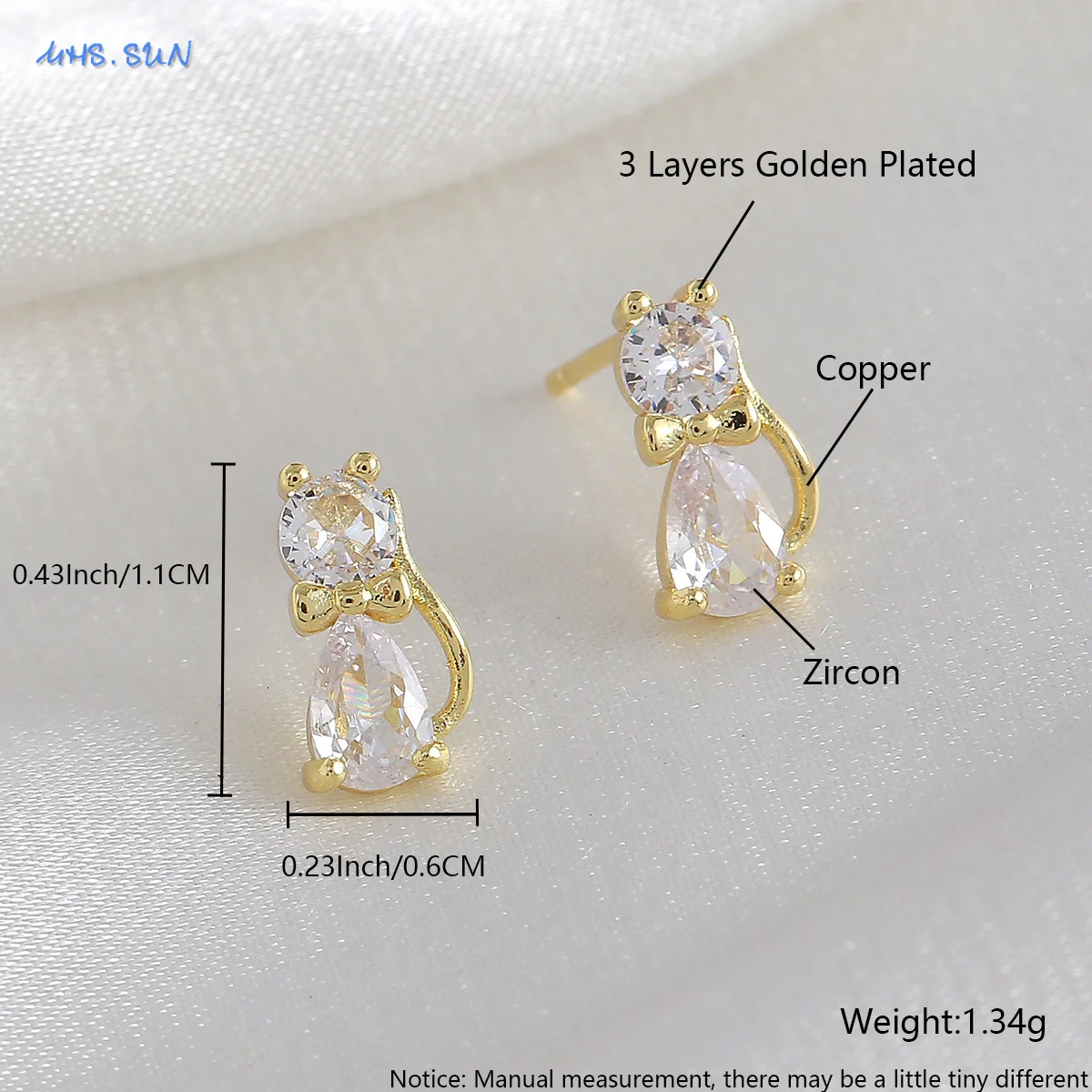 MHS.SUN 1 Pair Gold Plated Zircon Mini Animal Stud Earrings for Women Small Fox Cat Bear Elephant Ear Piercing Cartilage Earring