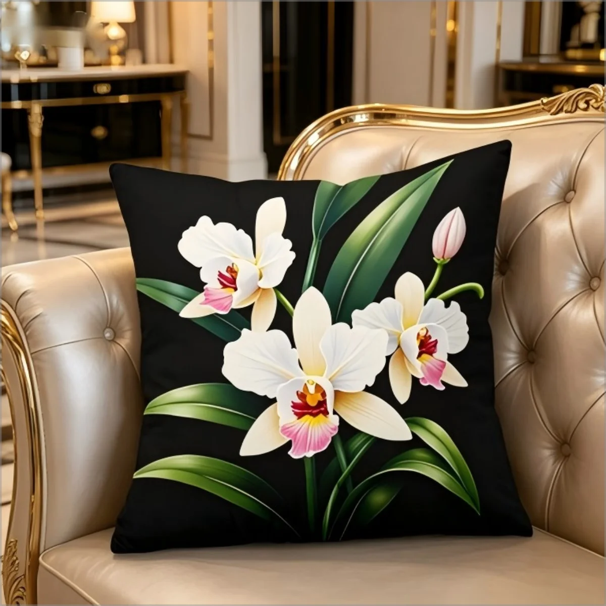 

White Orchid Flower Print Throw Pillow Cover, Black Background Floral Decorative Cushion Case for Sofa Bedroom