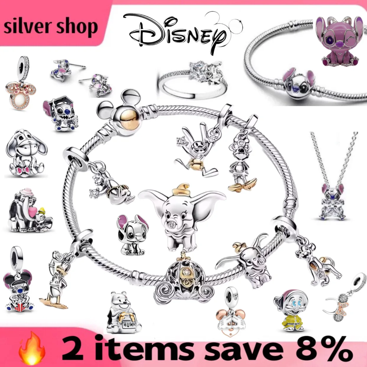 

100th Anniversary 925% Sterling Silver Minnie Mouse Stitch Dumbo Lion King Charm Beads Fit Original Bracelet Women's Jewellery