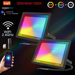 Reflektor LED RGB Tuya Wifi inteligentny reflektor 220V oświetlenie zewnętrzne 30W 50W 100W zmiana koloru światła praca z Alexa Google