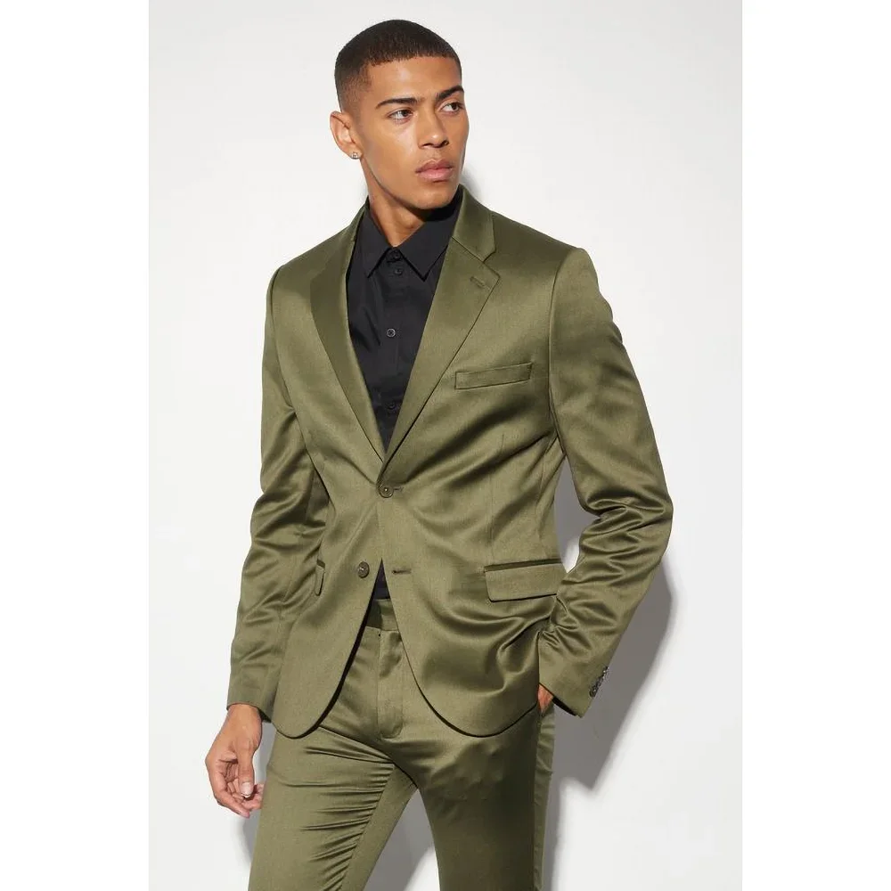 

Chic Army Green Notch Lapel Two Buttons Satin Male Suit Fashion Casual Graduation Outfits 2 Piece Elegant Wedding Groom Tuxedo