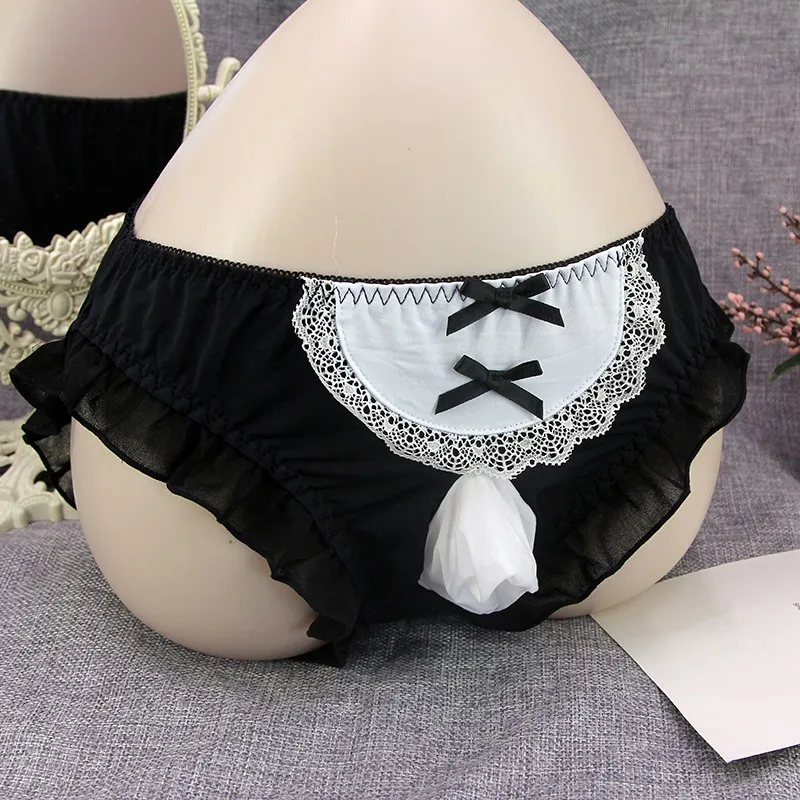 

Sexy G-string Men Gay Cock Sheath Underwear Maid Cos Open Butt Panties Lace-up T-back Thong Sissy See Through Erotic Lingerie