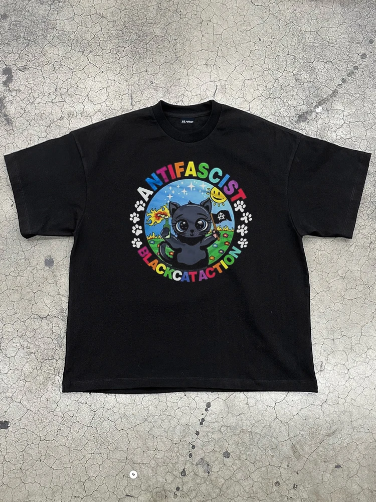 

Cute Black Cat Holding Torch Flag Short-sleeved T-shirt Men and Women with A Variety of Personality Slimming Half-sleeve