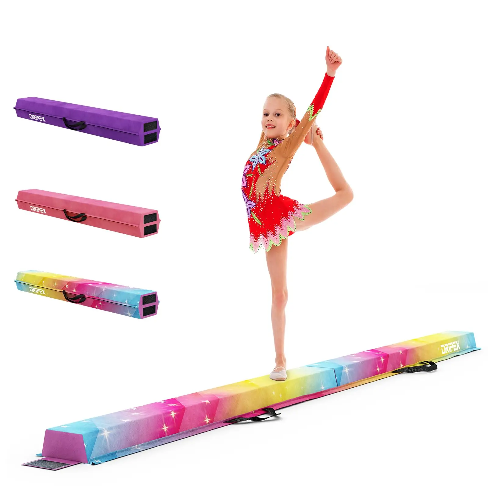 210 cm faltbarer Schwebebalken für Kinder mit Griffen, EVA-Gymnastikbalken aus Wildlederimitat für das Heim-Fitnessstudio-Training – Regenbogen