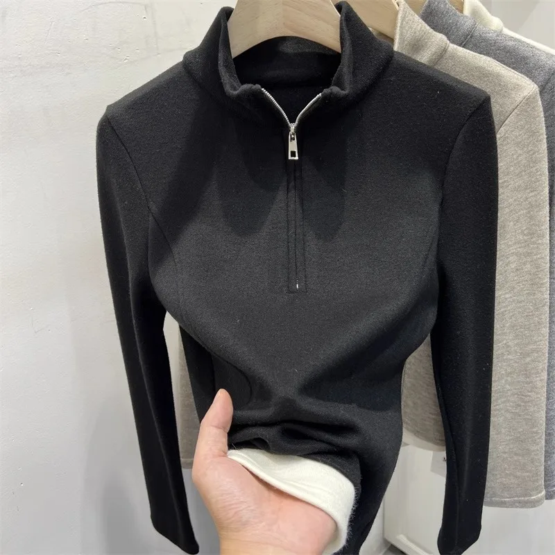 韓国ファッション レディース 無地 フェイクツーピース 長袖 パーカー スタンドカラー コントラストジッパー ハイストリート ベーシックトップ 秋