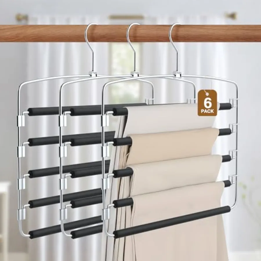 

Pants Hangers Anti-Slip Space Saving Hangers 5 Layer Swing Arm Pants Hanger Stainless Steel with Non-Slip Padding Closet Organi