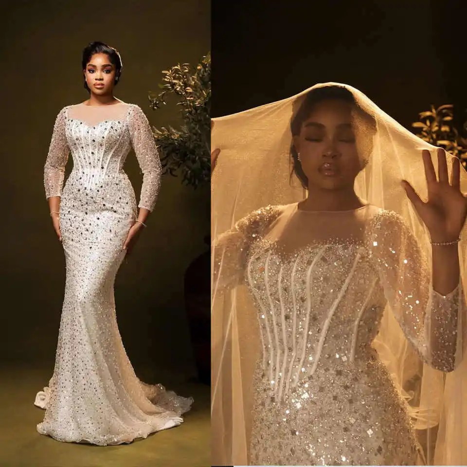 Classic Mermaid Wedding Dress O-Neck Bridal Gowns Shine Beads Sequins Appliques 3D-Lace Vestina De Novia Plus Size Customized
