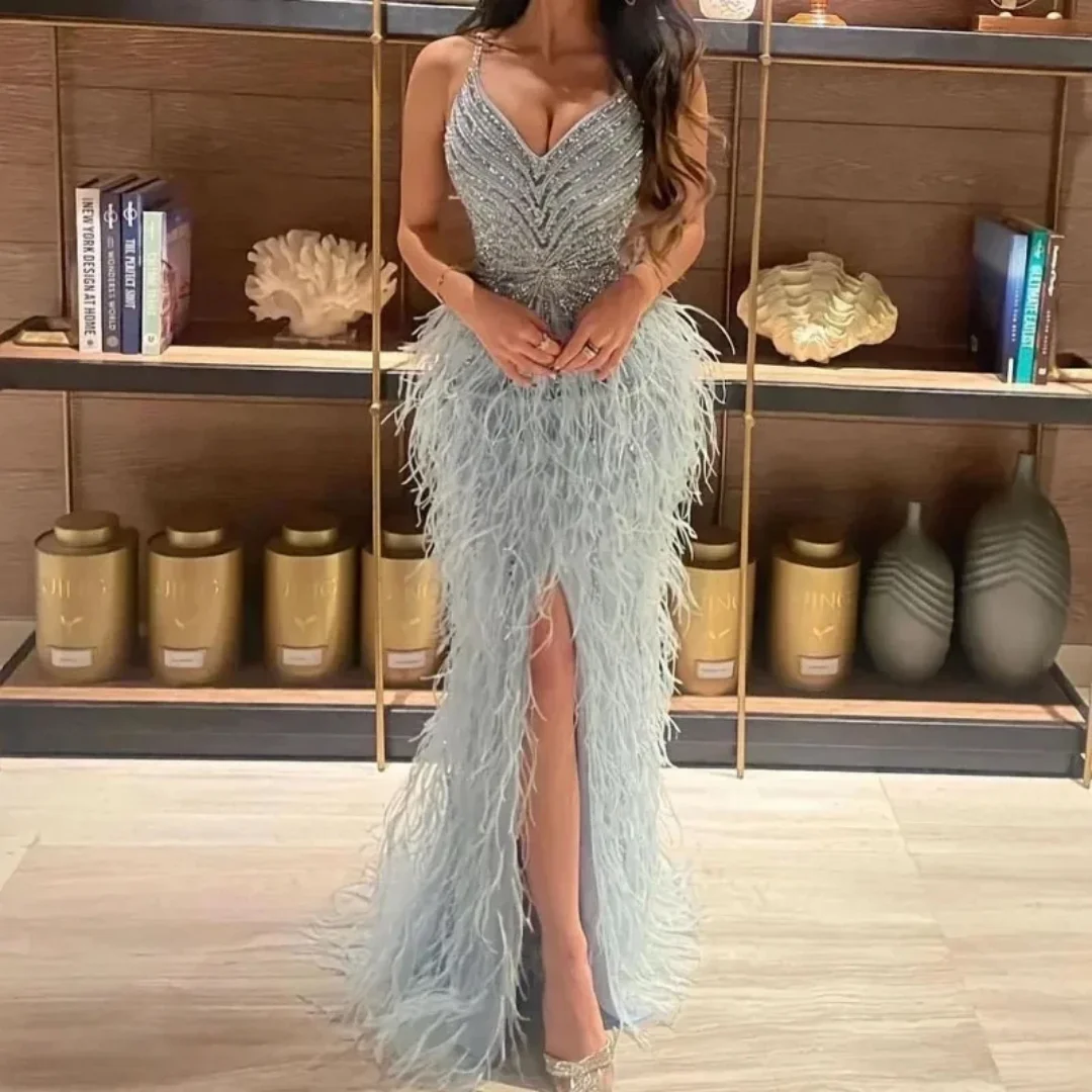 

Mermaid Plus size Formal Dresses Open Leg Evening Dress Feathers Beading Party Dress Deep V Neck Prom Dresses Customized