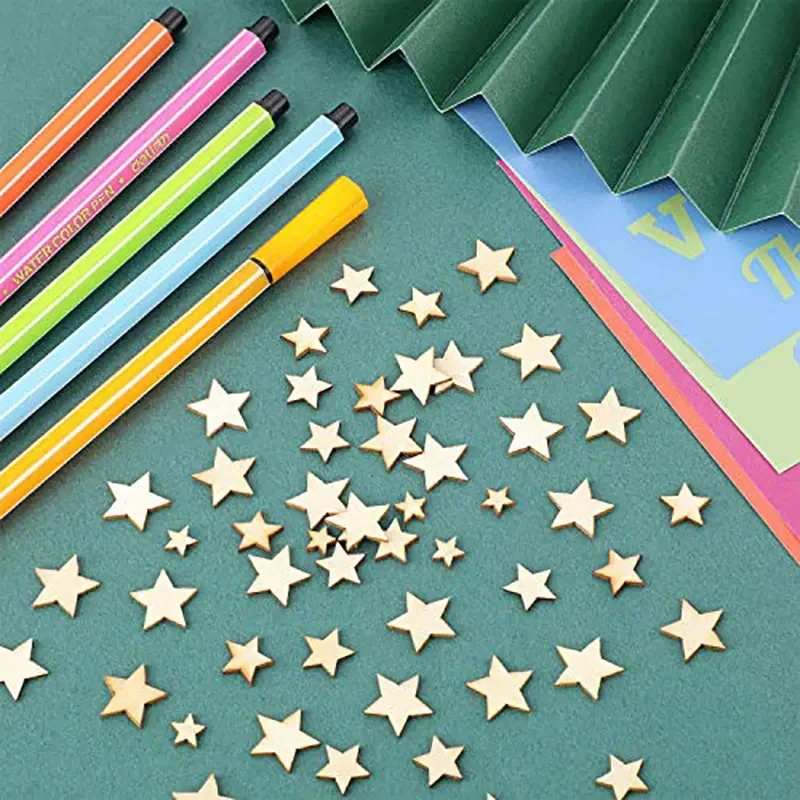 100-500 Mini Wooden Stars Slices Mixed Size Wooden Star Blank Wooden Crafts Pieces Christmas Wedding DIY Scrapbook Party Crafts