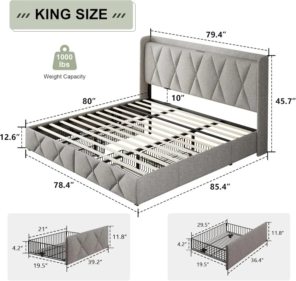 King Bed Frame with 4 Storage Drawers, Upholstered Button Tufted Storage Headboard with Fast Charging Station, Heavy Duty Slats