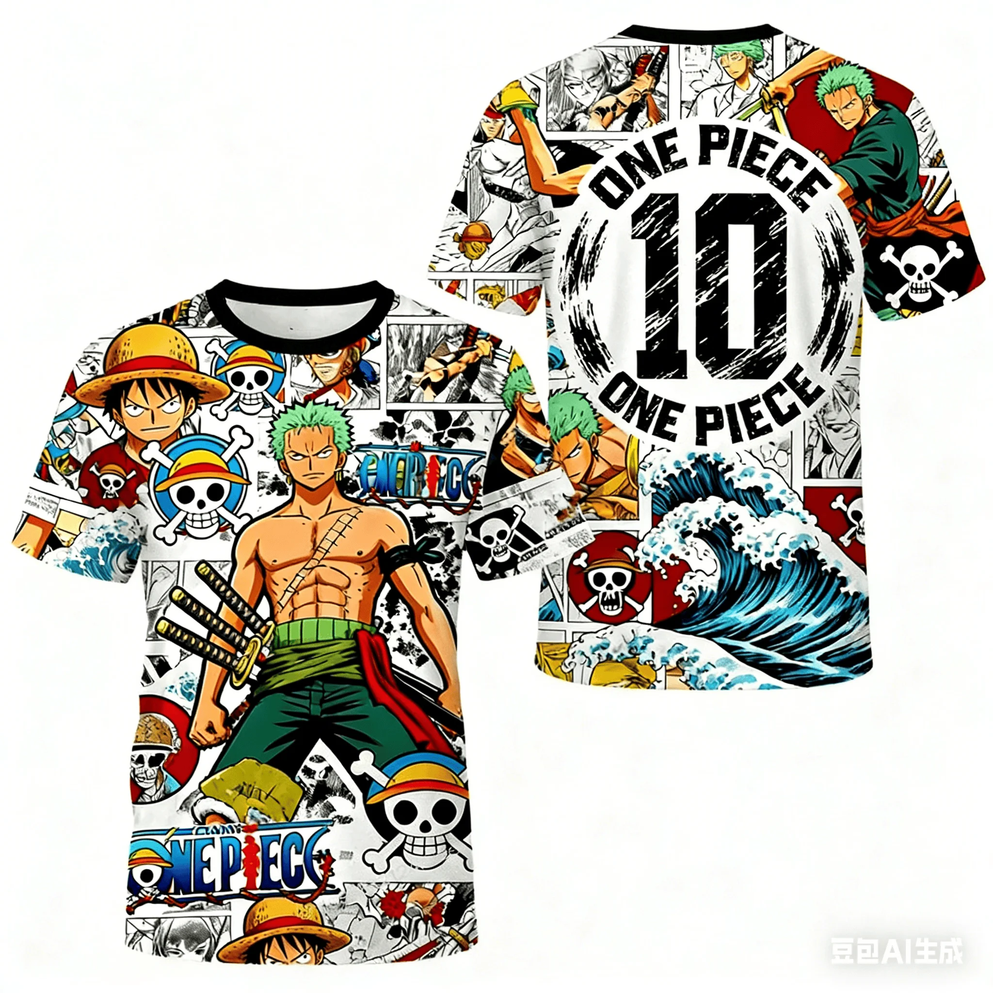 Camiseta con estampado completo 3D de One Piece Zoro & Luffy, estilo de tres espadas, estilo de calle de Manga, camiseta holgada de anime talla 10