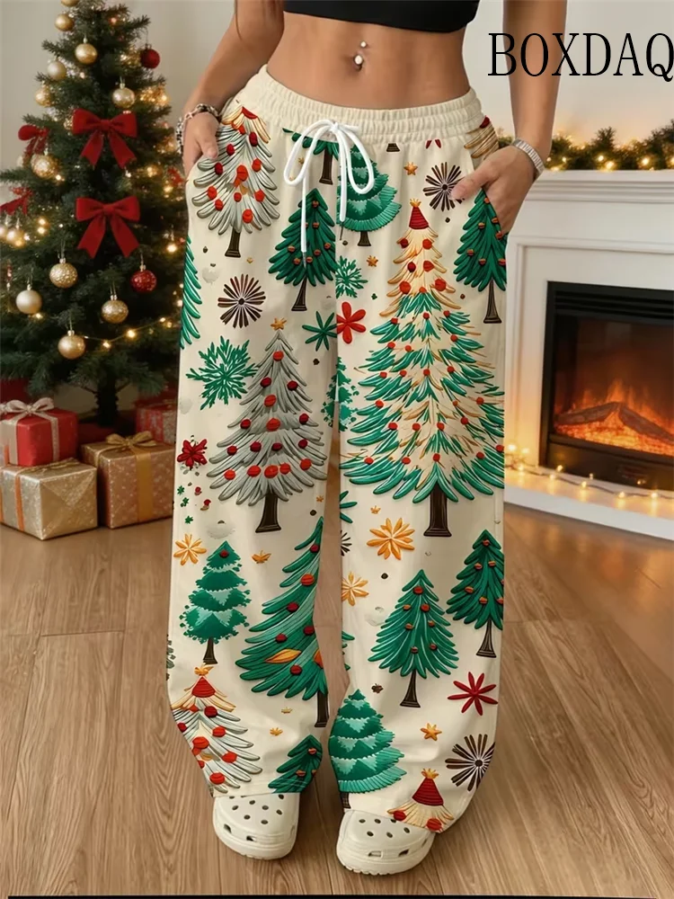 2027 New Year Christmas Tree 3D Printed Long Pants Fashion Christmas Snowman Gift For Women Autumn Winter Causal Straight Pants