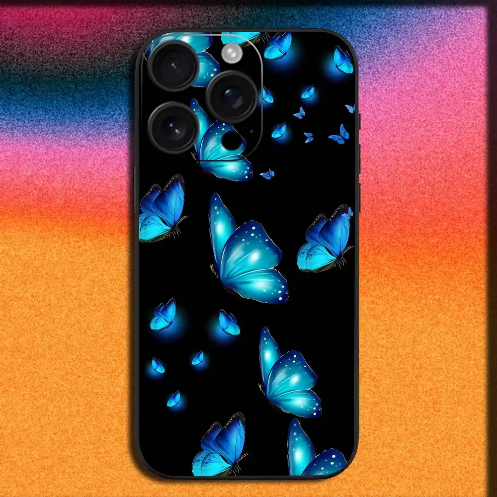 Custodia per telefono con farfalla blu per iPhone 17,16,15,14,13,12,11,Pro,Max,Plus,E,SE4,Air,Mini Cover nera