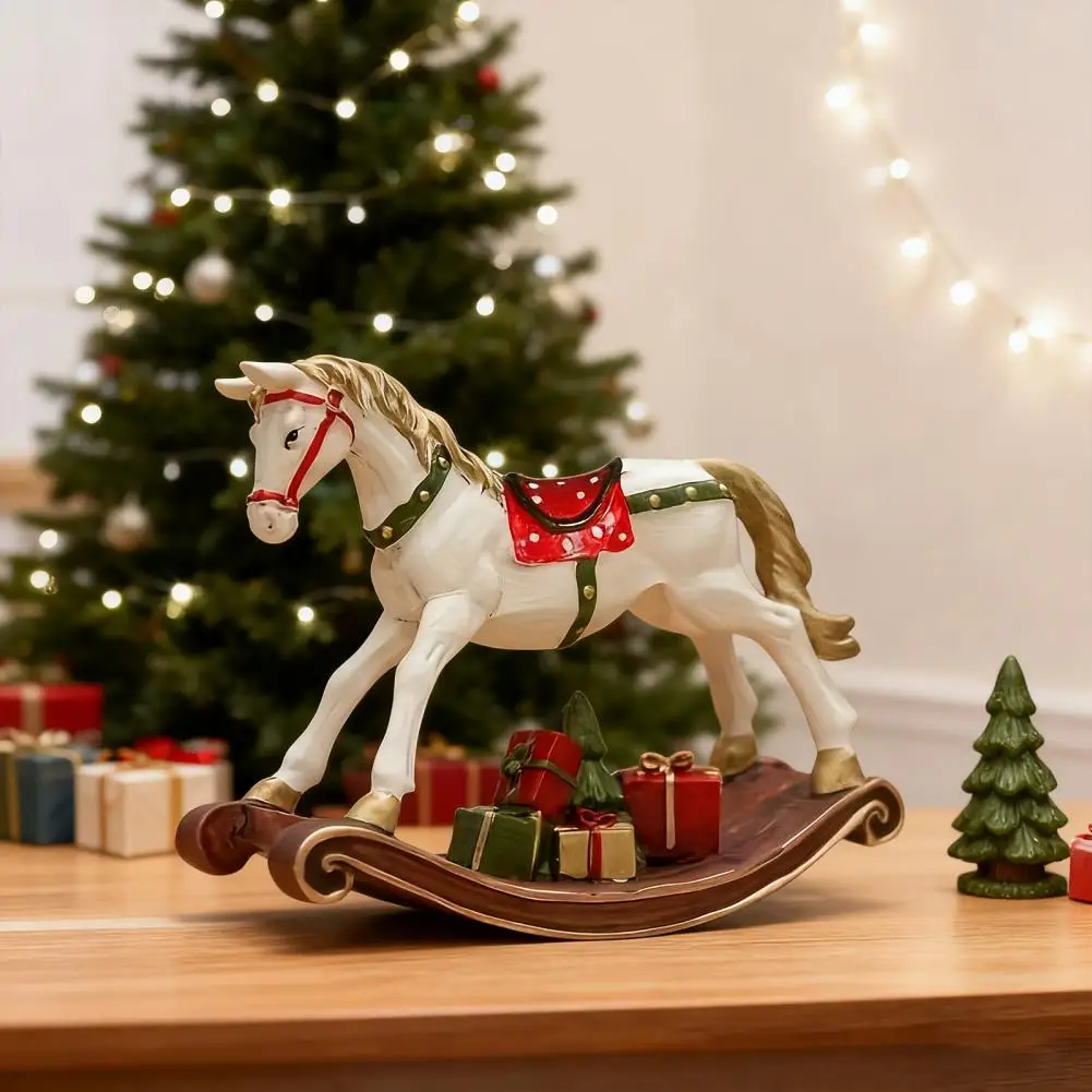 Hand-painted Rocking Horse Statue Vintage Wooden Horse Figurine Resin Pony Sculpture Home Office Desktop Decoration Ornament