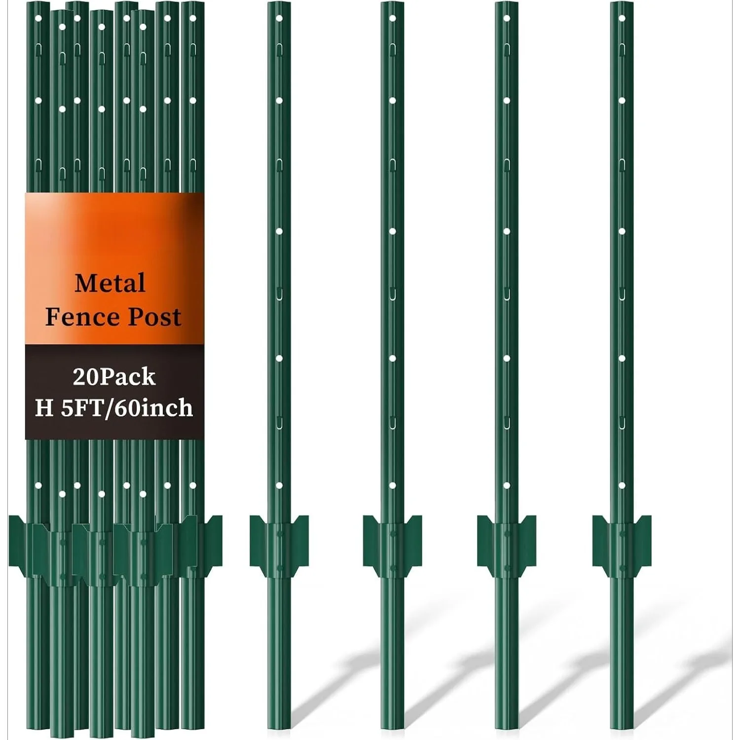 

20 Pack Garden Fence Post, 5 Feet Heavy Duty Metal U-Post for Wire Fence, No Dig Garden Fence Stak for Temporary Fencing, Elec