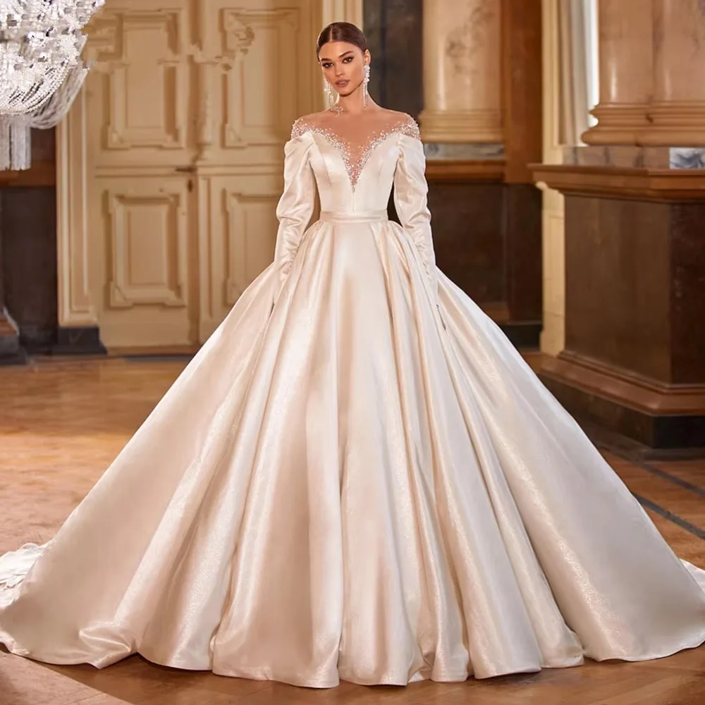 Customize Ball Gown Wedding Dress White Satin V-Neck Long Sleeves Bridal Gown Crystal Beaded Court Train Bride Dresses