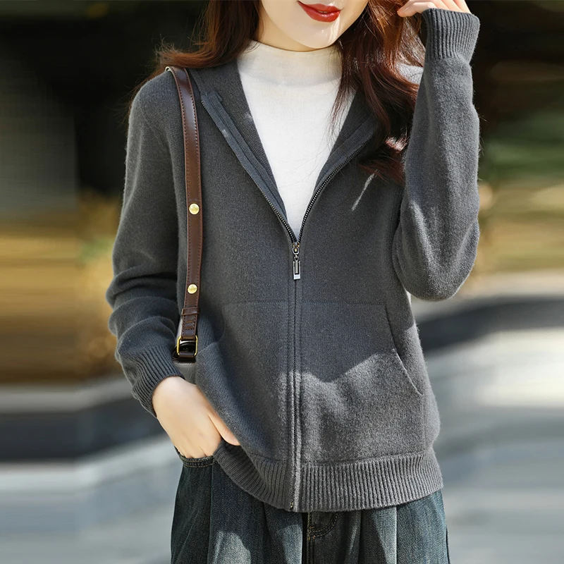 Hooded sweater for female outerwear wearing autumn and winter zippered sweater with thickened soft glutinous pure wool coat