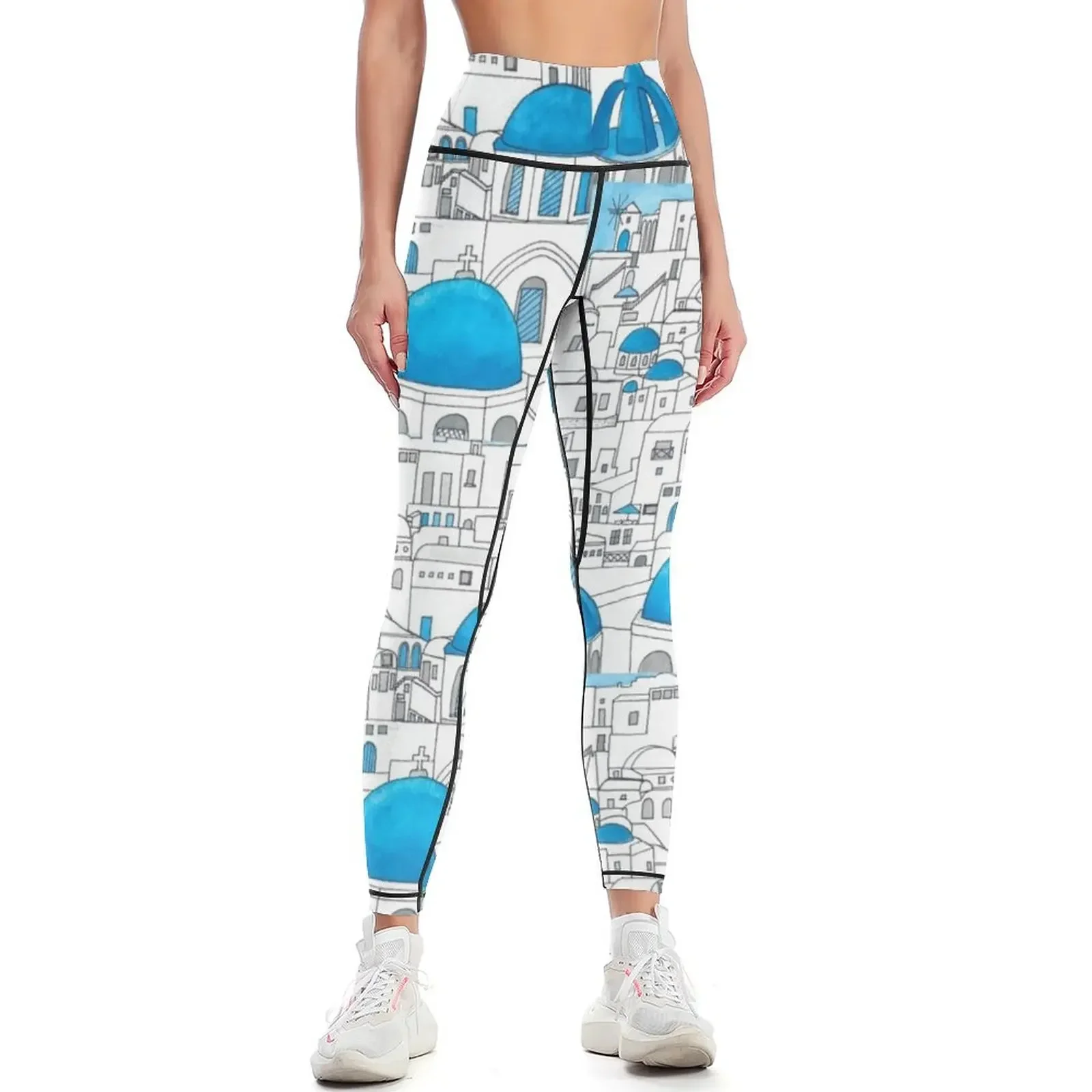 

Santorini Blue and White Paradise Leggings Women's trousers Women's sports sportswear gym Women's pants Womens Leggings