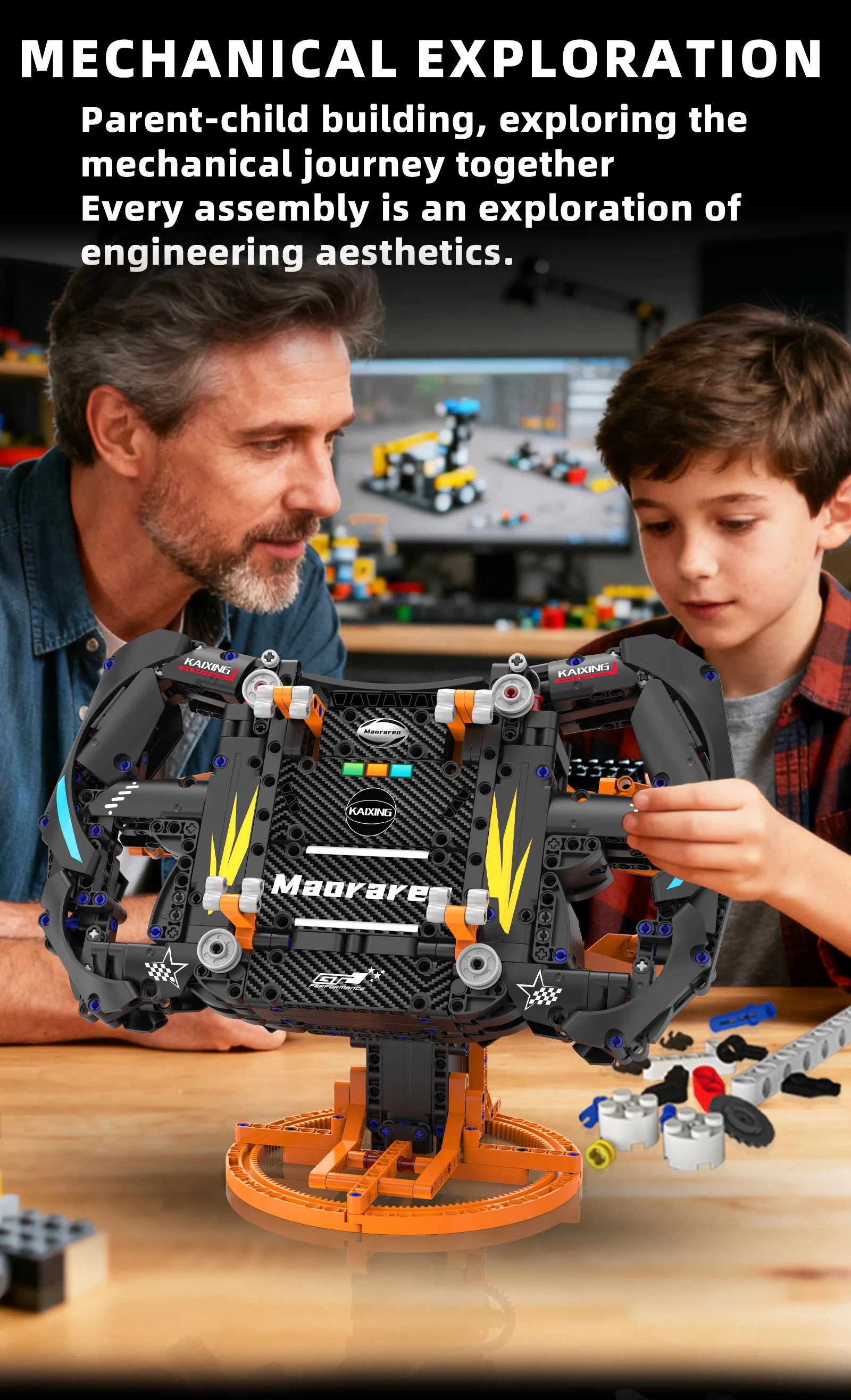 MOC GT Rennwagen-Lenkrad-Bausatz, DIY-Modell im Maßstab 1:1, mit App-Steuerung, 935 Stück, STEM-Lernspielzeug für Autoliebhaber