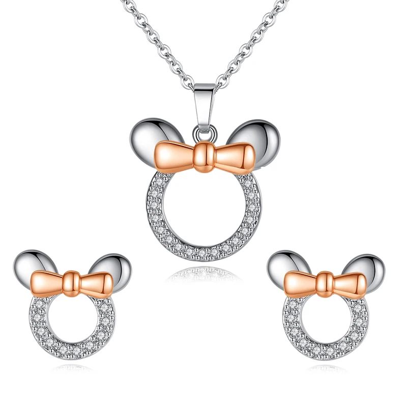 Fashion Cute Mickey Minnie Pendant Necklaces Earring Sets for Women Cartoon Zircon Dream Love Jewelry Set