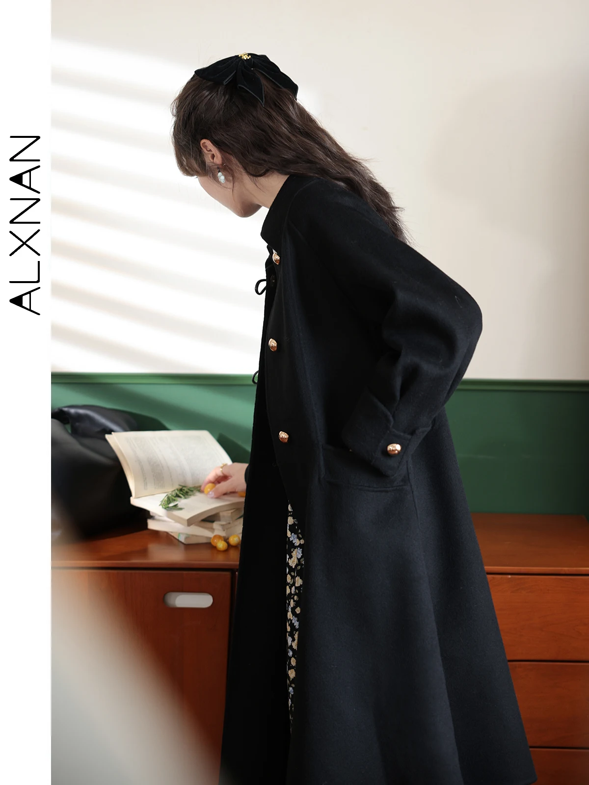 ALXNAN Women's French Temperament Thick Woolen Coat High Waist Loose Polo Collar Drop Cuff 2024 Fall Winter Female Coat LXN27870