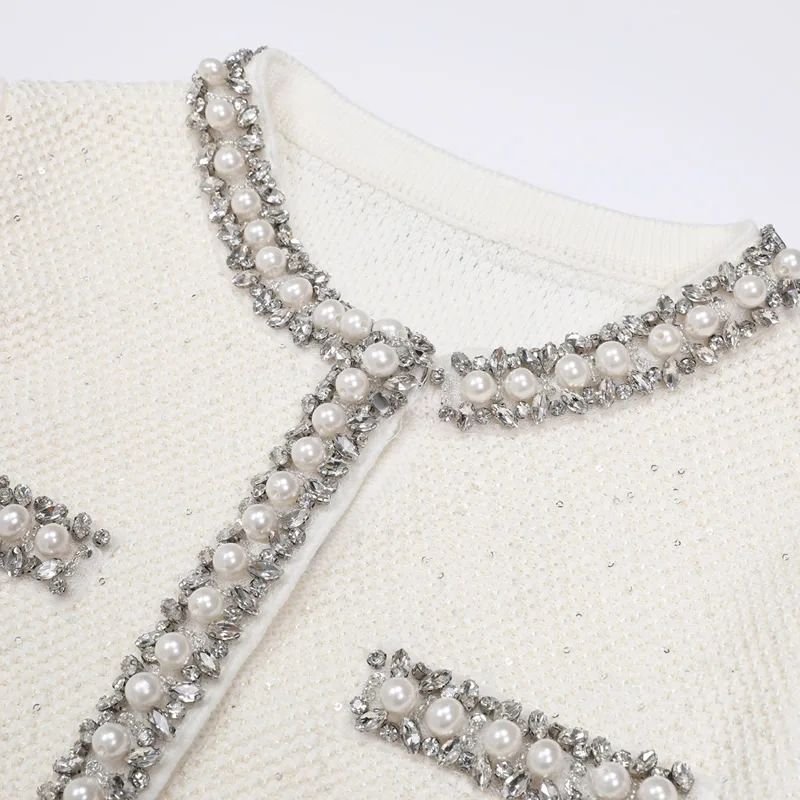 Nouveauté femmes tricot coton robe col rond perles robe trapèze