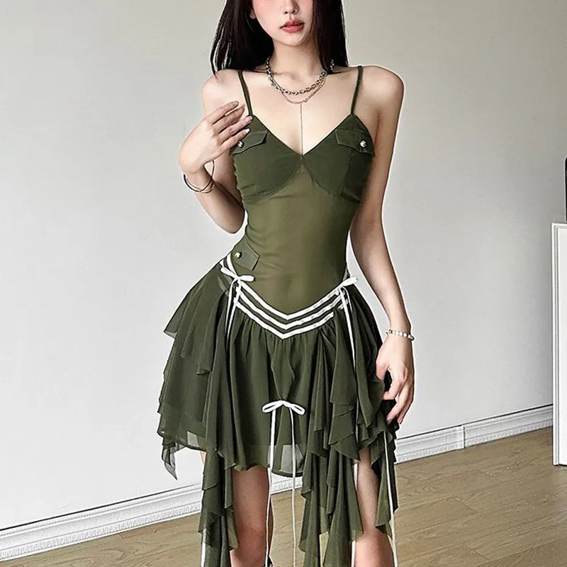 

Summer Forest System Green Sexy V-neck Irregular Short Skirt Corset Sling Solid Color Breast Wrap Sleeveless Comfortable Dress