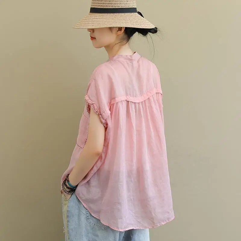 Women's Short-sleeved Shirt T-shirt Summer New Style Loose Stand Collar Embroidered Irregular Base Cardigan Top