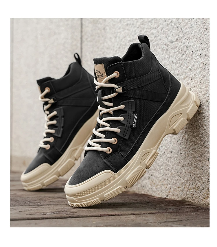 Zweifarbige Canvas-High-Top-Arbeitsstiefel für Herren, klobige, rutschfeste Plateau-Sneaker zum Schnüren für Wandern, Camping, tägliche Pendelfahrten – Detail 8