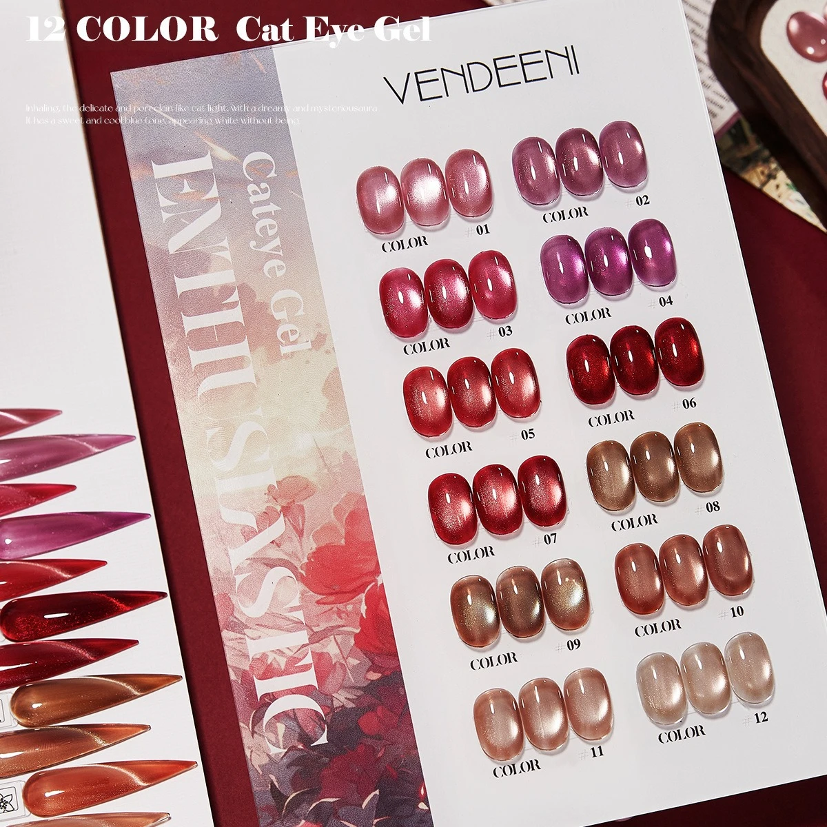 

12Pcs Red Glass Bead Cat Magnetic Nail Gel Polish Super Shiny Ruby Red Cat Eye Gel Soak Off UV Semi-Permanent Nail Art Varnish