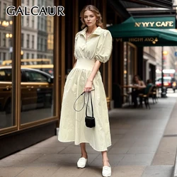 GALCAUR Casual Patchwork Zipper Dress For Women Lapel Puff Sleeve High Waist Tunic A Line Sweet Dresses Female Clothing 2025 New