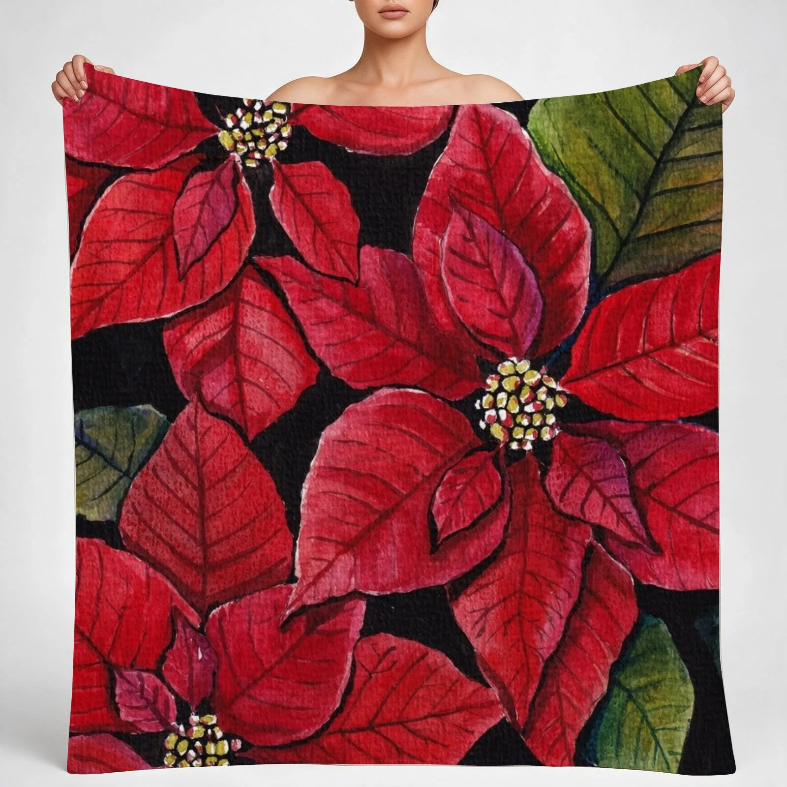 Vibrant Poinsettia Watercolour Artwork Throw Blanket couch cozy soft plush fuzzy picnic outdoor blanket