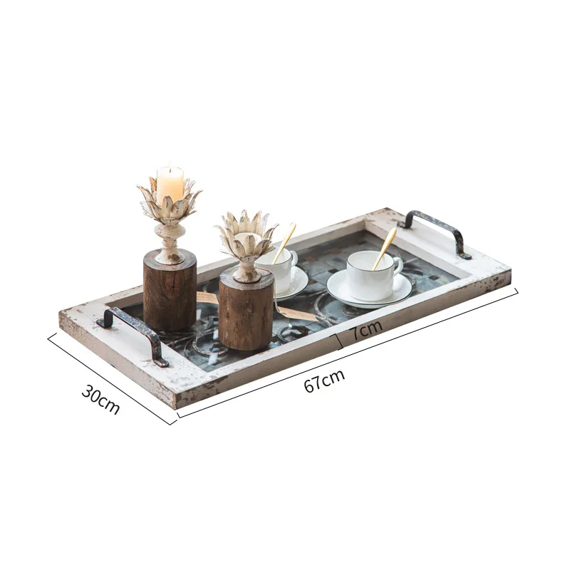 American rural retro tray glass wrought iron industrial wind tray solid wood creative homestay furniture old tea tray