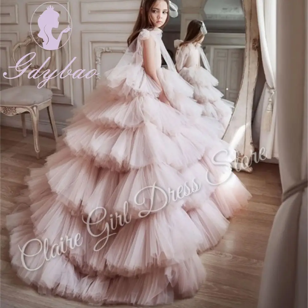 Customized Lace Tulle Flower Girl Dress For Wedding Floor Length Layered Elegant Princess Birthday Party First Communion Gown